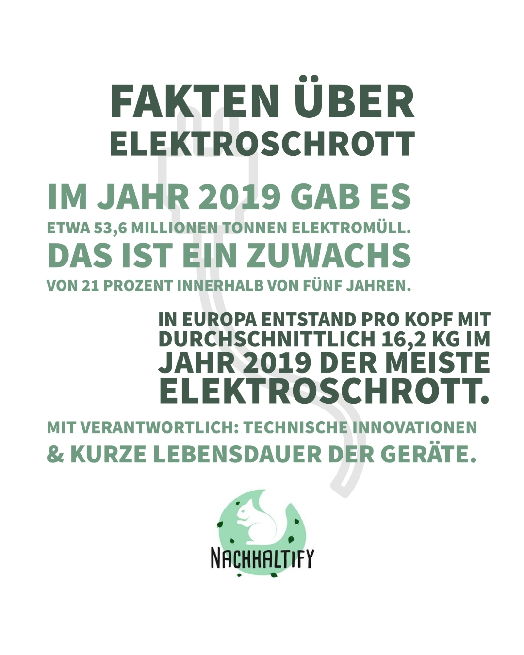 Krasse Zahlen, oder? Wir produzieren immer mehr Elektromüll - doch was sind die Ursachen dafür? Viele technischen Geräte oder Spielzeuge haben mittlerweile keine lange Lebensdauer mehr. Das Smartphone, das regelmäßig ersetzt wird, der billige Wasserkocher, der nach 2 Jahren den Geist aufgibt... Beispiele kennt sicher jeder mehr als genug. Hinzu kommt, dass in vielen Geräten wertvolle Ressourcen stecken, die nicht richtig wiederverwertet werden können oder in Form von alten Handys in Schubladen verstauben. Und laut Experten werden diese Zahlen in den nächsten Jahren eher noch anwachsen, als rückläufig sein. 
.
Grund genug, sich mit dem Thema einmal näher zu beschäftigen. Dazu werden wir am Wochenende eine Umfrage starten. Wie geht Ihr mit (defekten) Altgeräten um? Recyclen? Restmüll? Verschenken? Reparieren? Und wie sieht nachhaltiger Umgang im elektronischen Geräten für Euch aus? Habt Ihr vielleicht sogar Ideen, wie es besser gehen könnte?
.
Ihr könnt Euch ja bis dahin schon ein paar Gedanken machen. 😉 Weitere Infos und der Aufruf folgen im nächsten Post. Stay tuned.
