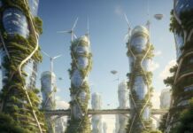 Solarpunk – Schon mal gehört? Die optimistische Antwort auf den Klimawandel Eine futuristische Solarpunk-Stadt mit begrünten Hochhäusern, Solarpaneelen und üppiger Natur, in der Menschen nachhaltig leben.