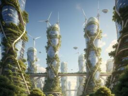 Solarpunk – Schon mal gehört? Die optimistische Antwort auf den Klimawandel Eine futuristische Solarpunk-Stadt mit begrünten Hochhäusern, Solarpaneelen und üppiger Natur, in der Menschen nachhaltig leben.