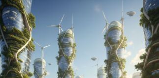 Solarpunk – Schon mal gehört? Die optimistische Antwort auf den Klimawandel Eine futuristische Solarpunk-Stadt mit begrünten Hochhäusern, Solarpaneelen und üppiger Natur, in der Menschen nachhaltig leben.