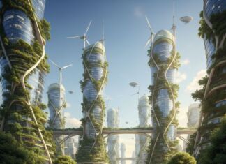 Eine futuristische Solarpunk-Stadt mit begrünten Hochhäusern, Solarpaneelen und üppiger Natur, in der Menschen nachhaltig leben.
