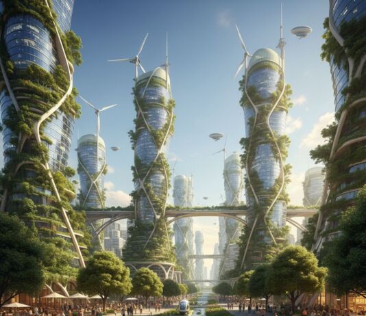 Solarpunk – Schon mal gehört? Die optimistische Antwort auf den Klimawandel Eine futuristische Solarpunk-Stadt mit begrünten Hochhäusern, Solarpaneelen und üppiger Natur, in der Menschen nachhaltig leben.