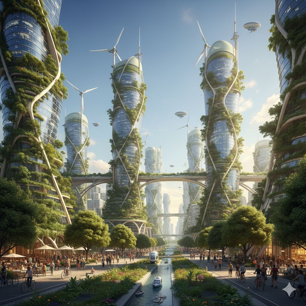 Eine futuristische Solarpunk-Stadt mit begrünten Hochhäusern, Solarpaneelen und üppiger Natur, in der Menschen nachhaltig leben.
