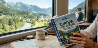 Europa ohne Flieger: Nachhaltige Reise-Inspiration von Lonely Planet Das Buch Europa ohne Flieger von Lonely Planet liegt auf einem Holztisch in einem Zugabteil mit Blick auf die Alpen.