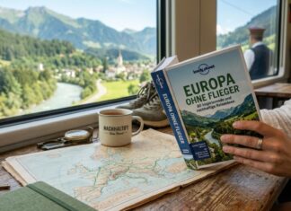 Das Buch Europa ohne Flieger von Lonely Planet liegt auf einem Holztisch in einem Zugabteil mit Blick auf die Alpen.
