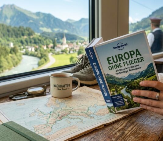 Europa ohne Flieger: Nachhaltige Reise-Inspiration von Lonely Planet Das Buch Europa ohne Flieger von Lonely Planet liegt auf einem Holztisch in einem Zugabteil mit Blick auf die Alpen.
