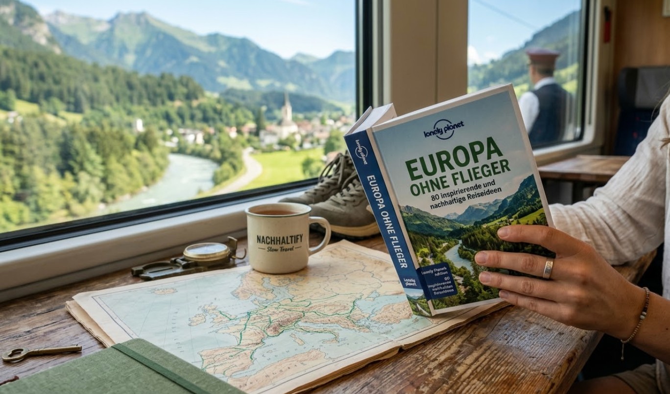 Das Buch Europa ohne Flieger von Lonely Planet liegt auf einem Holztisch in einem Zugabteil mit Blick auf die Alpen.