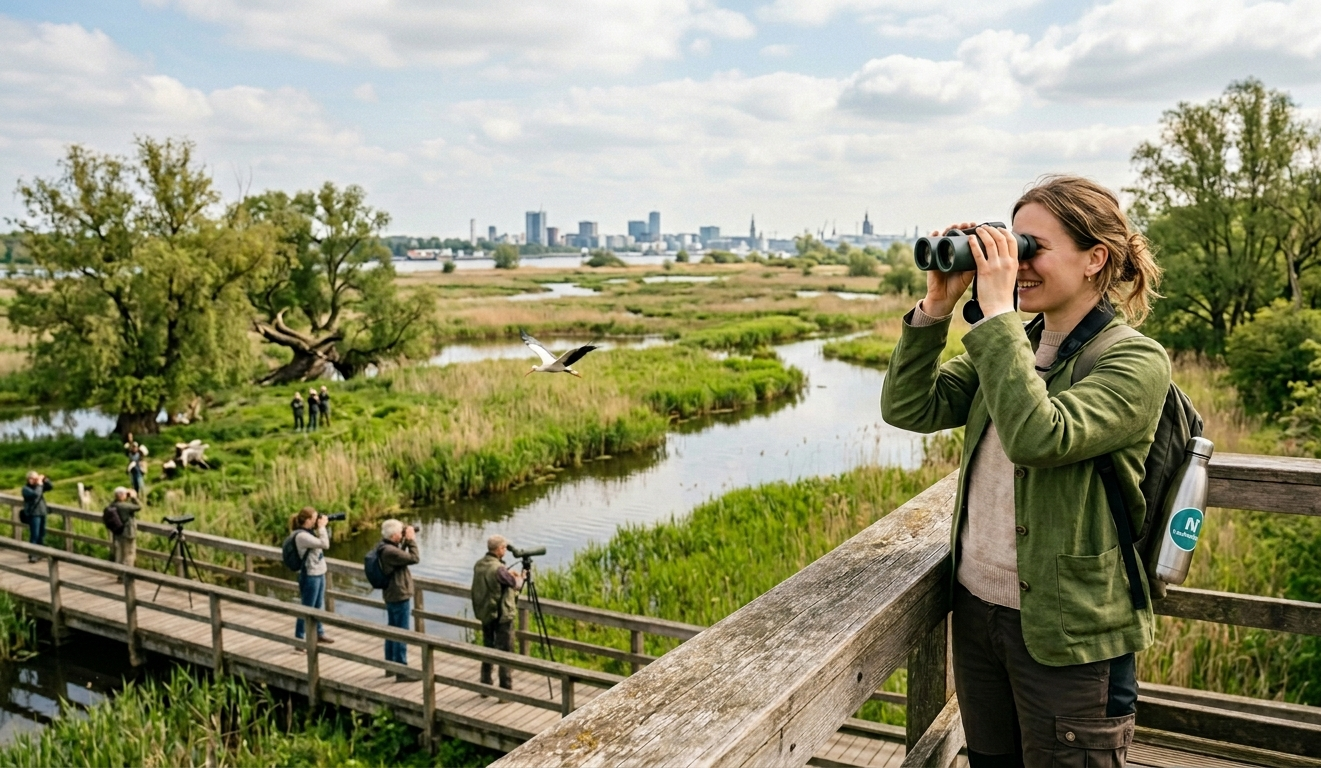 Junge Frau beobachtet achtsam Vögel mit dem Fernglas in einer Flusslandschaft, im Hintergrund eine Gruppe von Menschen beim Birding.