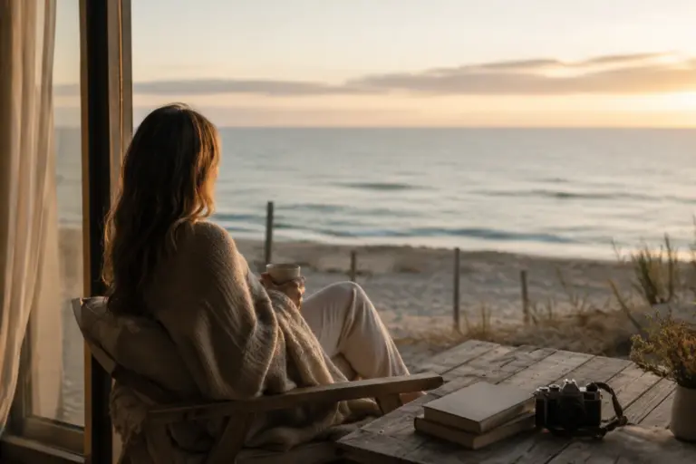 Frau sitzt mit einer Tasse Kaffee in einer ruhigen Unterkunft am Meer und blickt bei warmem Abendlicht auf die Küste.