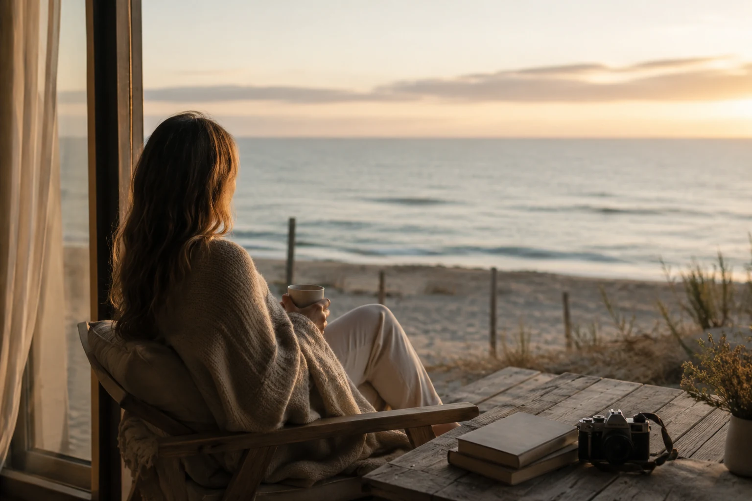 Frau sitzt mit einer Tasse Kaffee in einer ruhigen Unterkunft am Meer und blickt bei warmem Abendlicht auf die Küste.