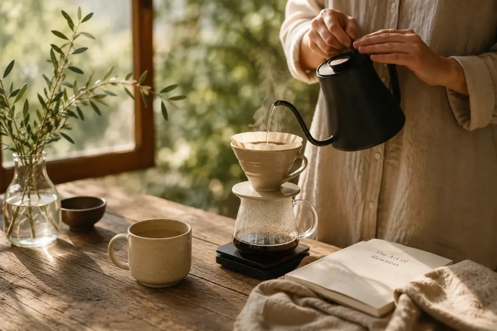 Hände beim Aufbrühen von Filterkaffee in ruhiger Küche mit natürlichem Morgenlicht