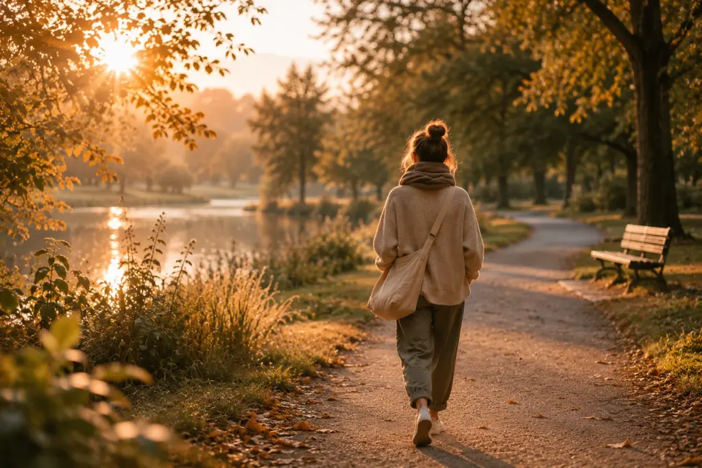 Person bei ruhigem Spaziergang im Park bei warmem Herbstlicht am Seeufer
