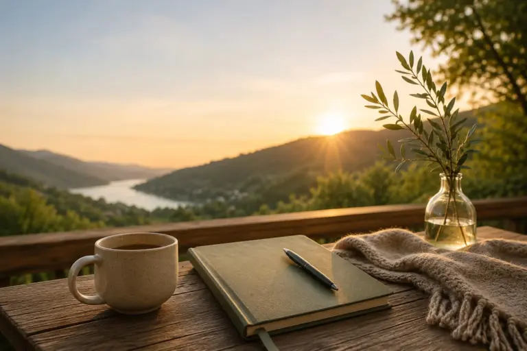 Ruhiger Slow-Living-Moment mit Kaffee, Notizbuch und Abendlicht auf einer Holzterrasse mit Blick auf Berge und See
