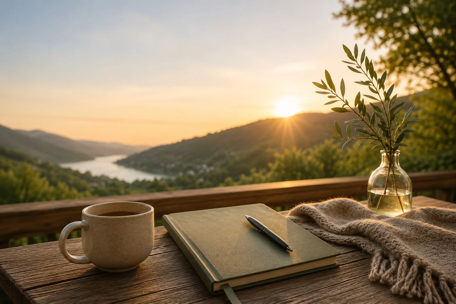 Ruhiger Slow-Living-Moment mit Kaffee, Notizbuch und Abendlicht auf einer Holzterrasse mit Blick auf Berge und See