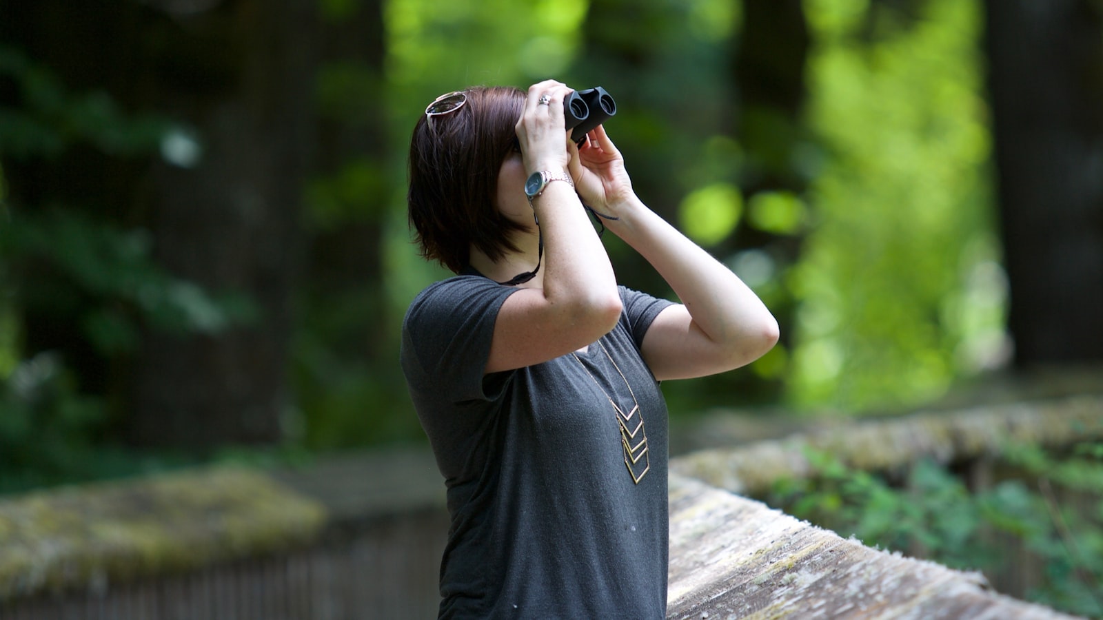 Frau blickt mit einem Fernglas nach oben in die Baumkronen